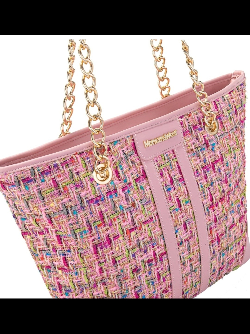Montana West Pink Multicolor Tweed Tote with Gold Chain Straps- Fast Shipping!! - Picture 4 of 8